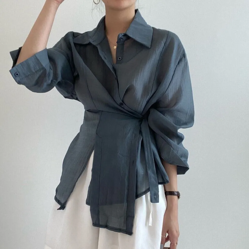 [Korean Style] Irregular Drawstring Belted See-through Blouse