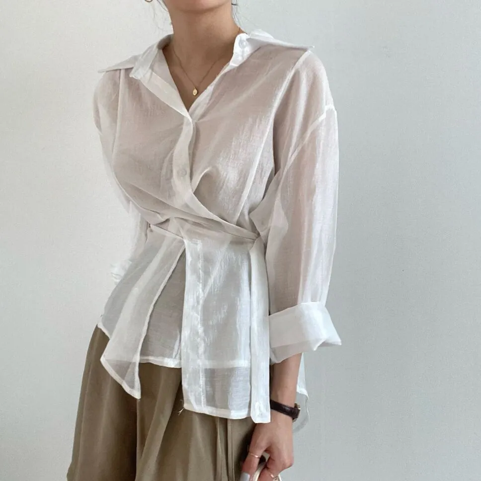 [Korean Style] Irregular Drawstring Belted See-through Blouse