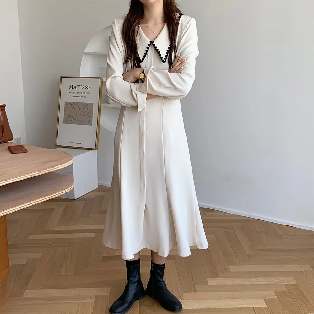 [Korean Style] Jorry Sailor Collar A-Line Midi Dress