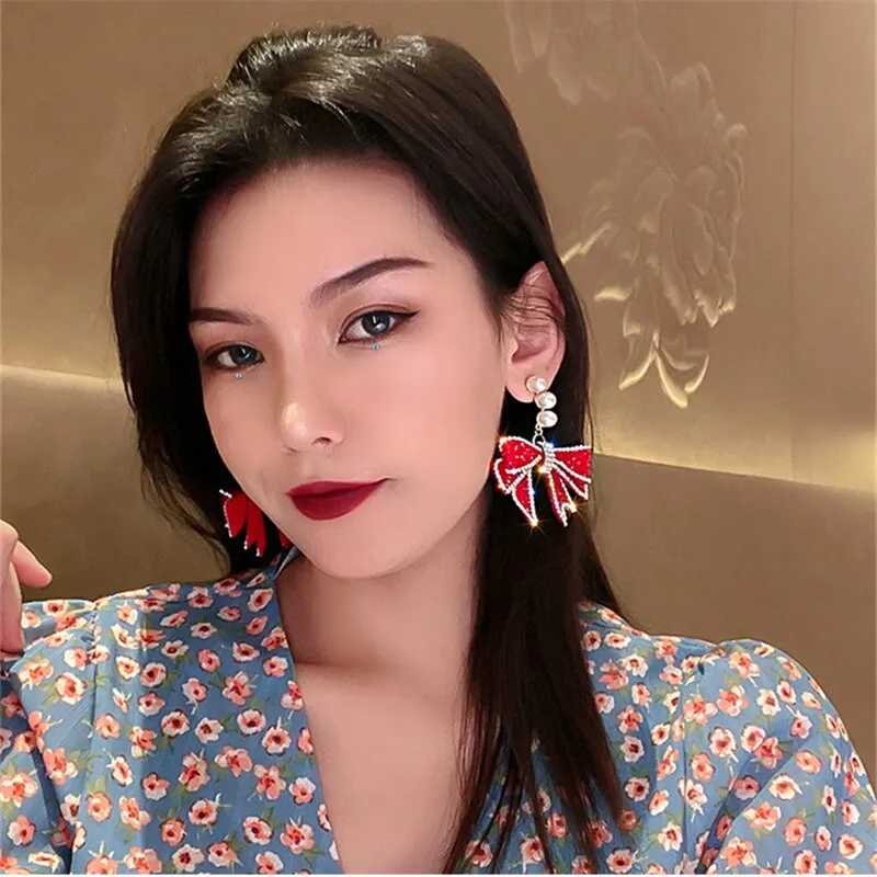 Korean Style Red Bowknot Dangle Earrings for Women Pearl Rhinestone Earrings