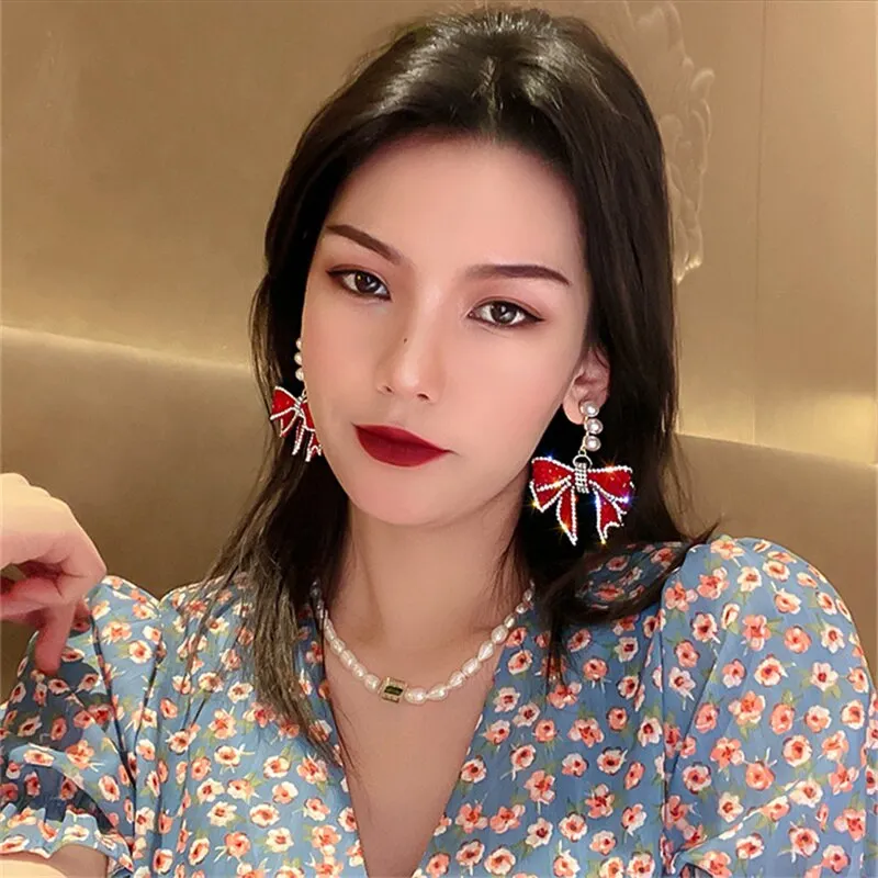 Korean Style Red Bowknot Dangle Earrings for Women Pearl Rhinestone Earrings