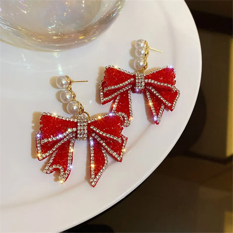 Korean Style Red Bowknot Dangle Earrings for Women Pearl Rhinestone Earrings