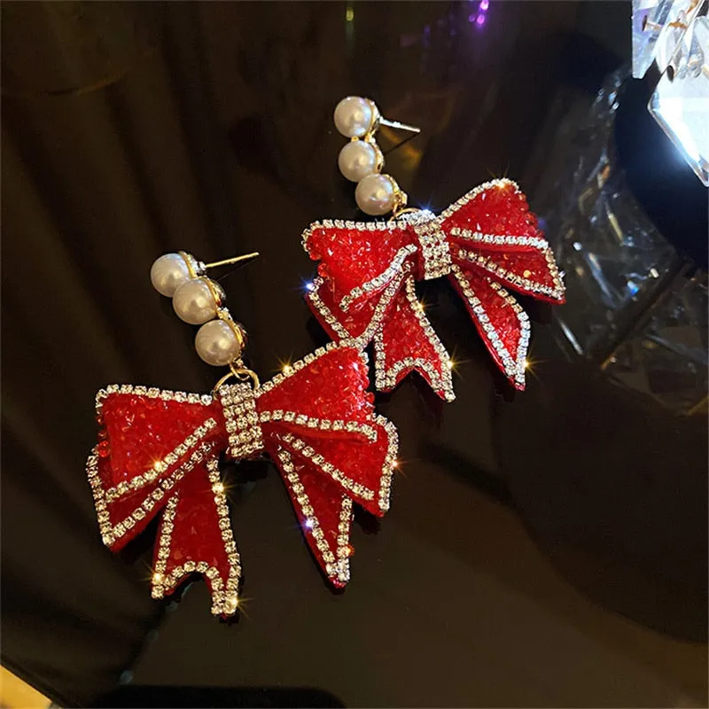 Korean Style Red Bowknot Dangle Earrings for Women Pearl Rhinestone Earrings
