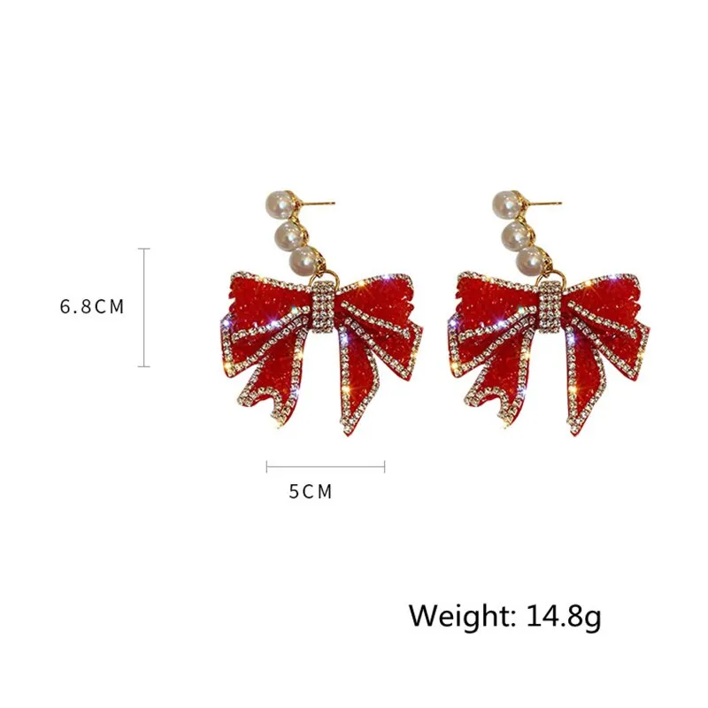 Korean Style Red Bowknot Dangle Earrings for Women Pearl Rhinestone Earrings