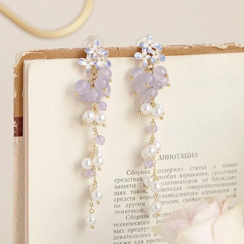 Korean Trendy Fresh Purple Flower Beads Drop Earrings For Women