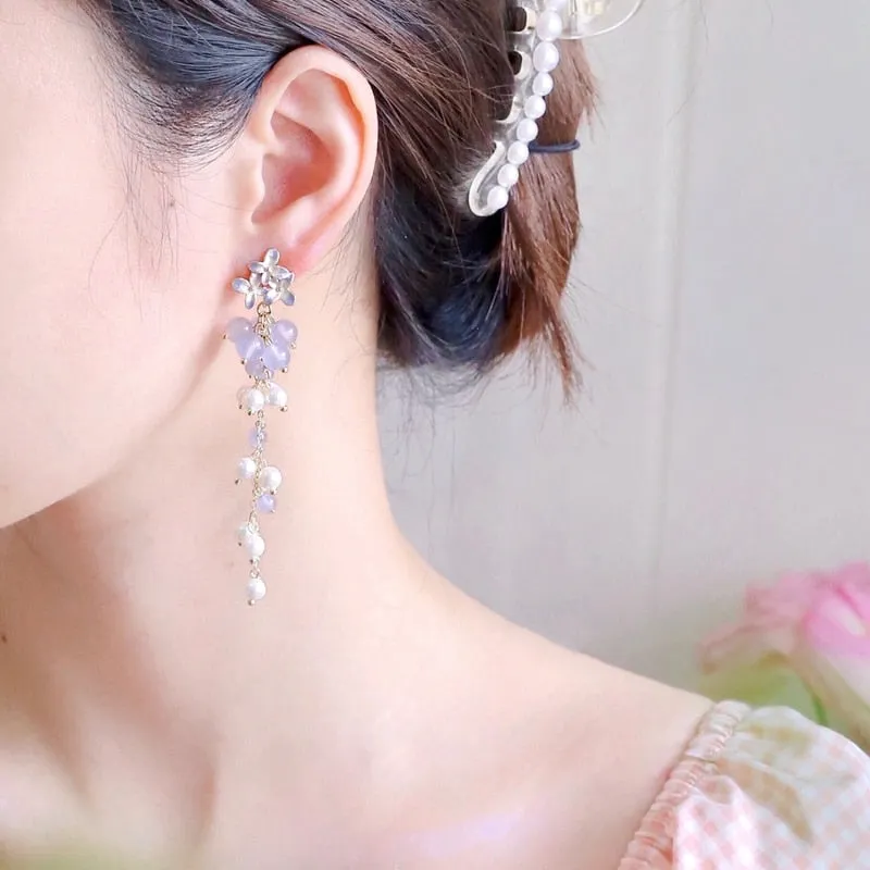 Korean Trendy Fresh Purple Flower Beads Drop Earrings For Women