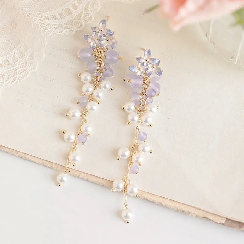 Korean Trendy Fresh Purple Flower Beads Drop Earrings For Women