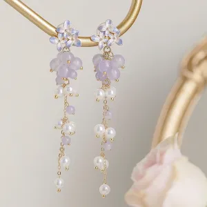 Korean Trendy Fresh Purple Flower Beads Drop Earrings For Women