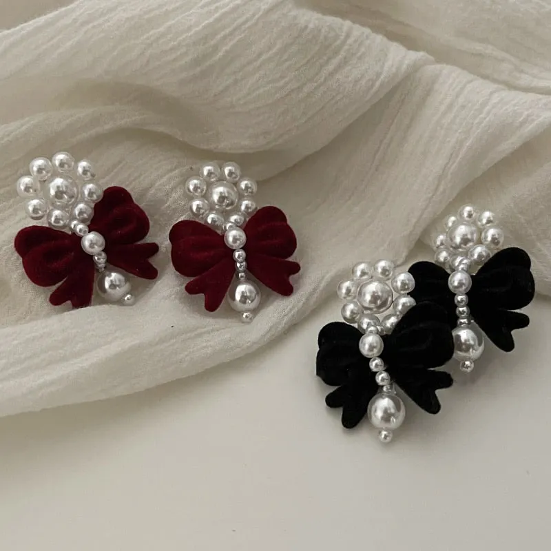 Korean Vintage Velvet Bowknot Drop Earrings For Women