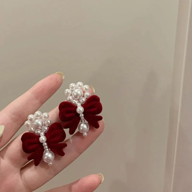 Korean Vintage Velvet Bowknot Drop Earrings For Women