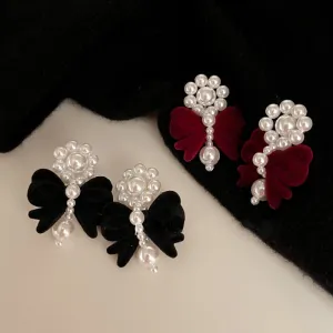 Korean Vintage Velvet Bowknot Drop Earrings For Women