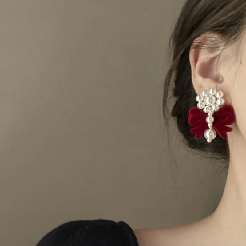 Korean Vintage Velvet Bowknot Drop Earrings For Women