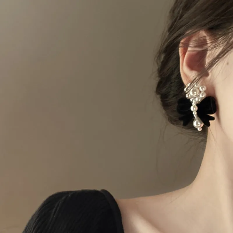Korean Vintage Velvet Bowknot Drop Earrings For Women
