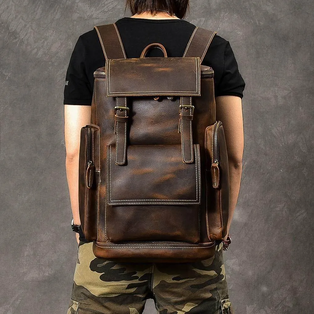 Large Capacity Leather Backpack 15.6In  Laptop Travel Bag