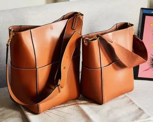 Large Genuine Leather Bucket Bag, Minimalist Classic Leather Tote Bag, Fashion Designer Shoulder Bag Wide Two Straps, Gift For Her