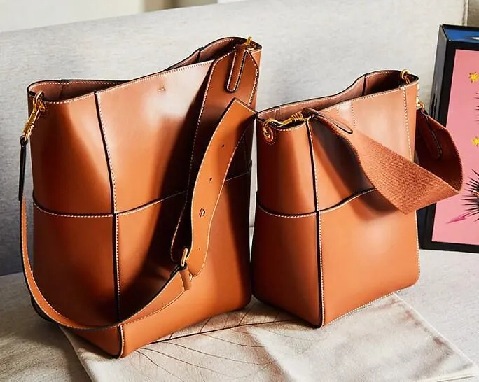 Large Genuine Leather Bucket Bag, Minimalist Classic Leather Tote Bag, Fashion Designer Shoulder Bag Wide Two Straps, Gift For Her
