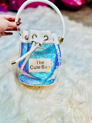 Leather & Sparkles Bucket Bag Tote Purse - White