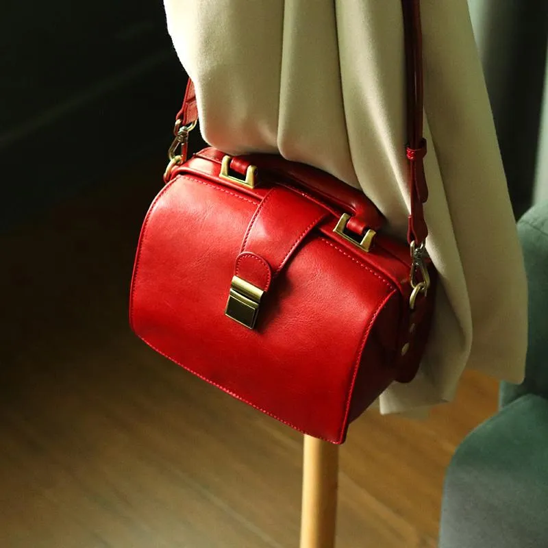 Leather Vintage Black Doctor Side Handbag Purse for Women