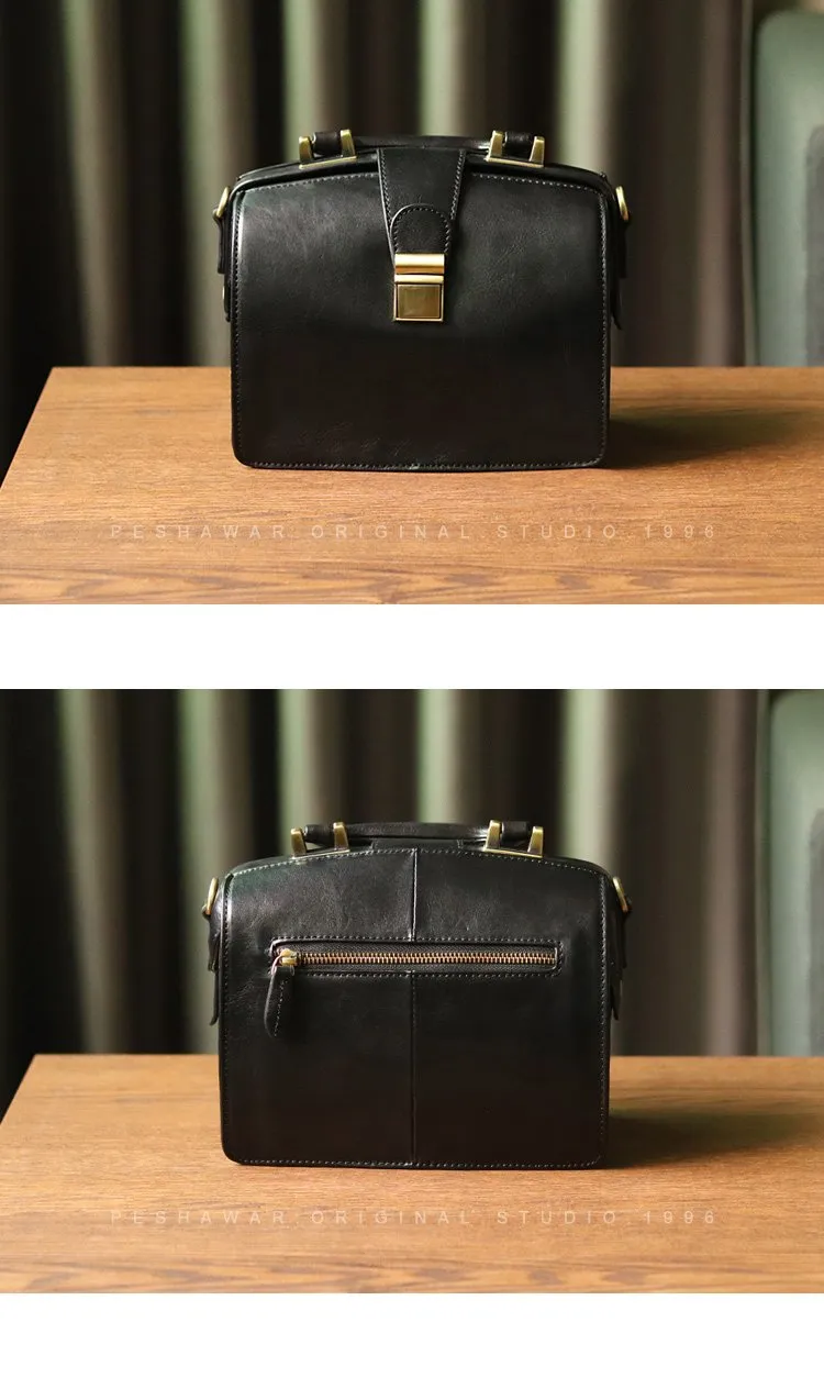 Leather Vintage Black Doctor Side Handbag Purse for Women