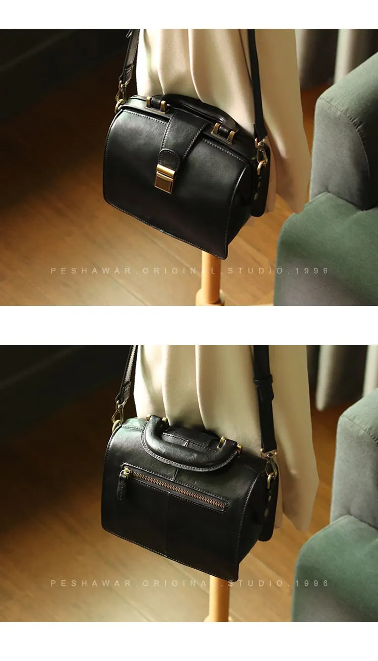 Leather Vintage Black Doctor Side Handbag Purse for Women