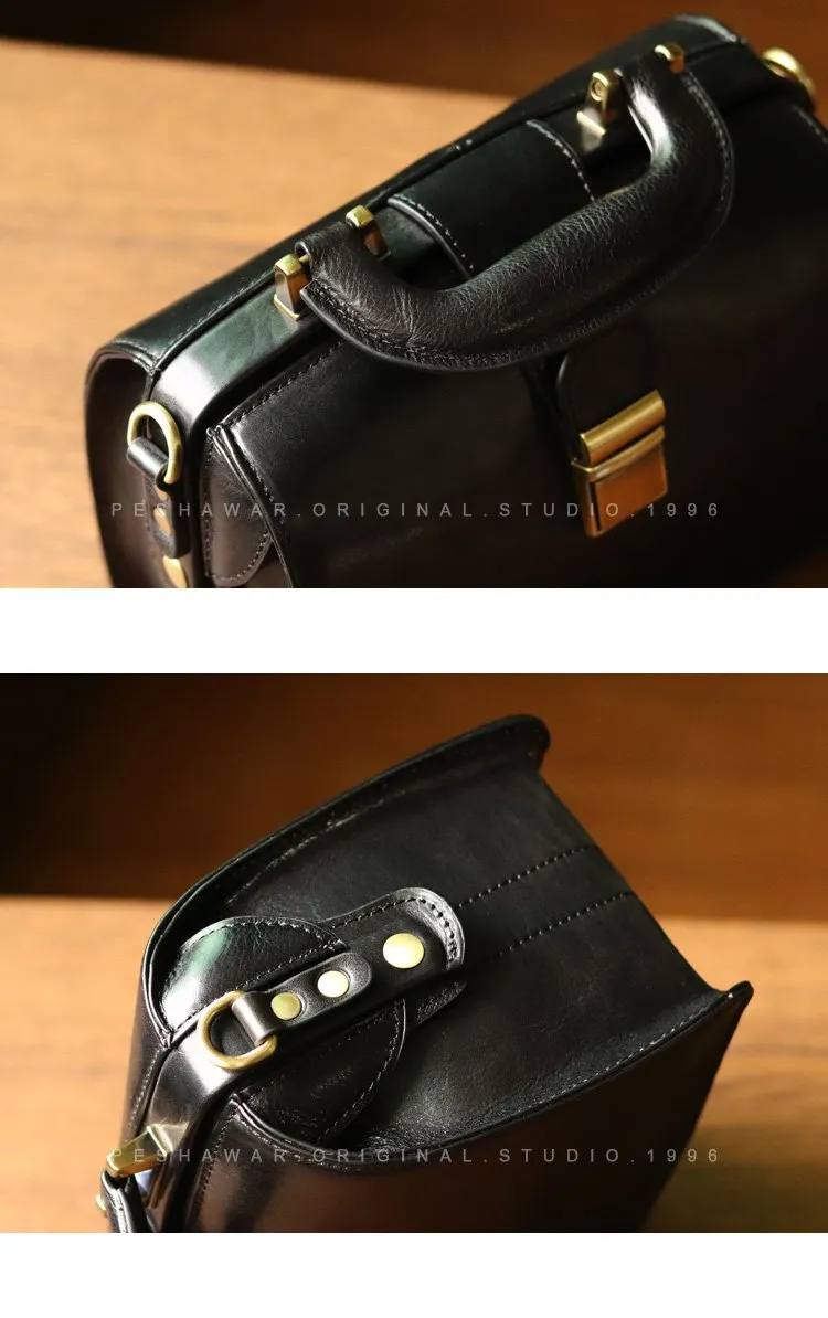 Leather Vintage Black Doctor Side Handbag Purse for Women