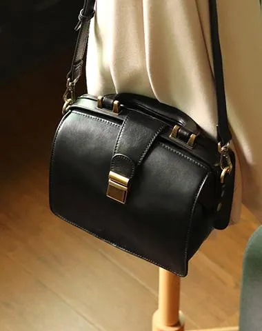 Leather Vintage Black Doctor Side Handbag Purse for Women