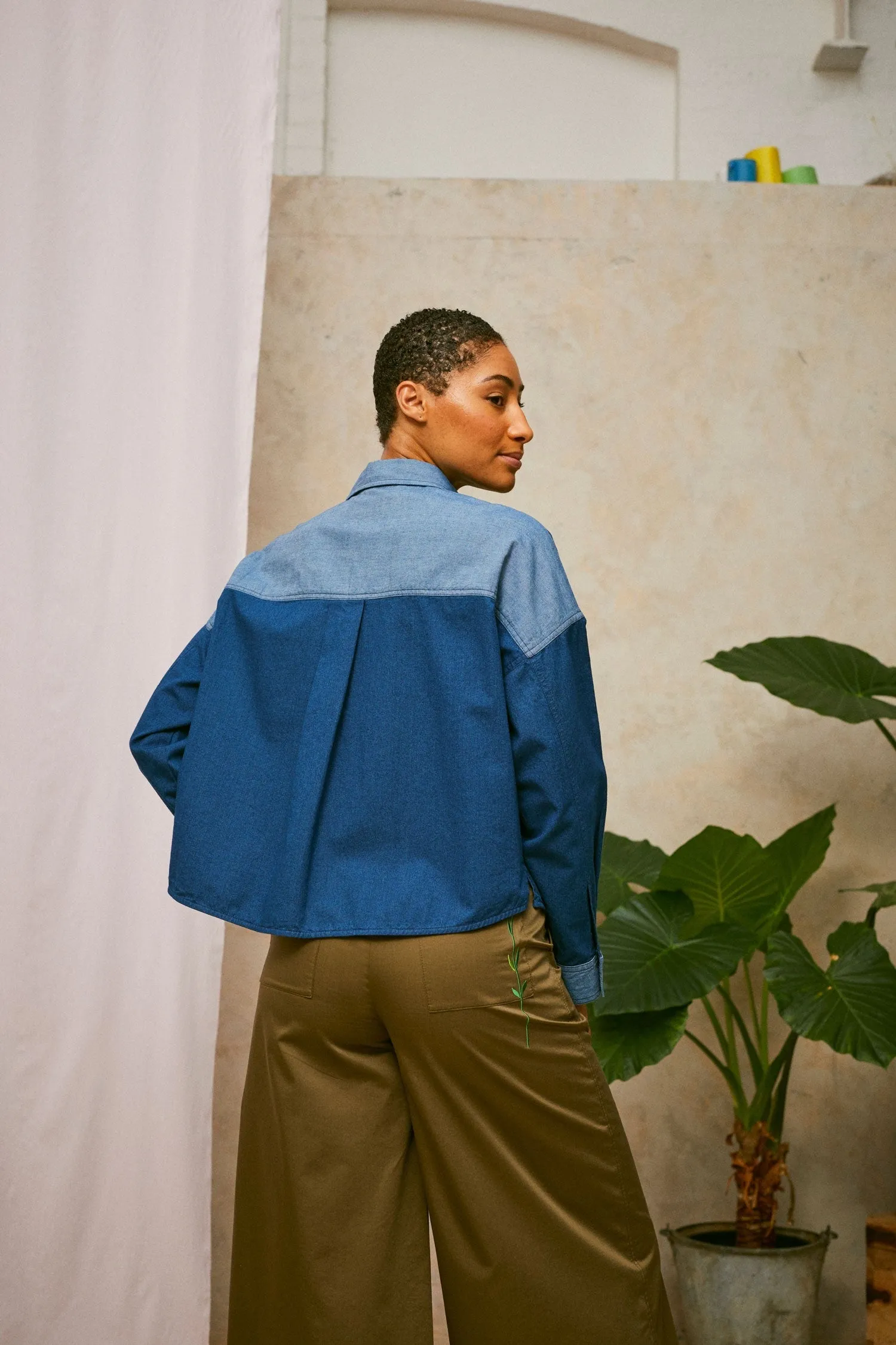 Lela Patchwork Boxy Shirt in Japanese Denim by Saywood