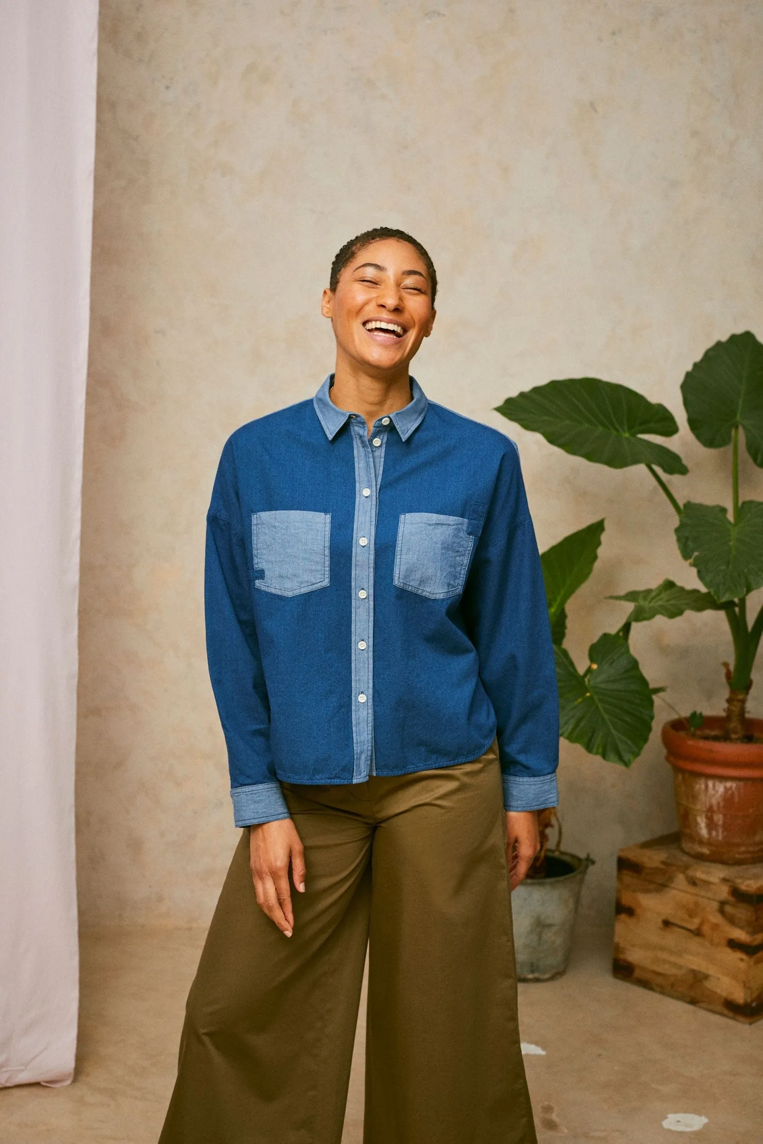 Lela Patchwork Boxy Shirt in Japanese Denim by Saywood