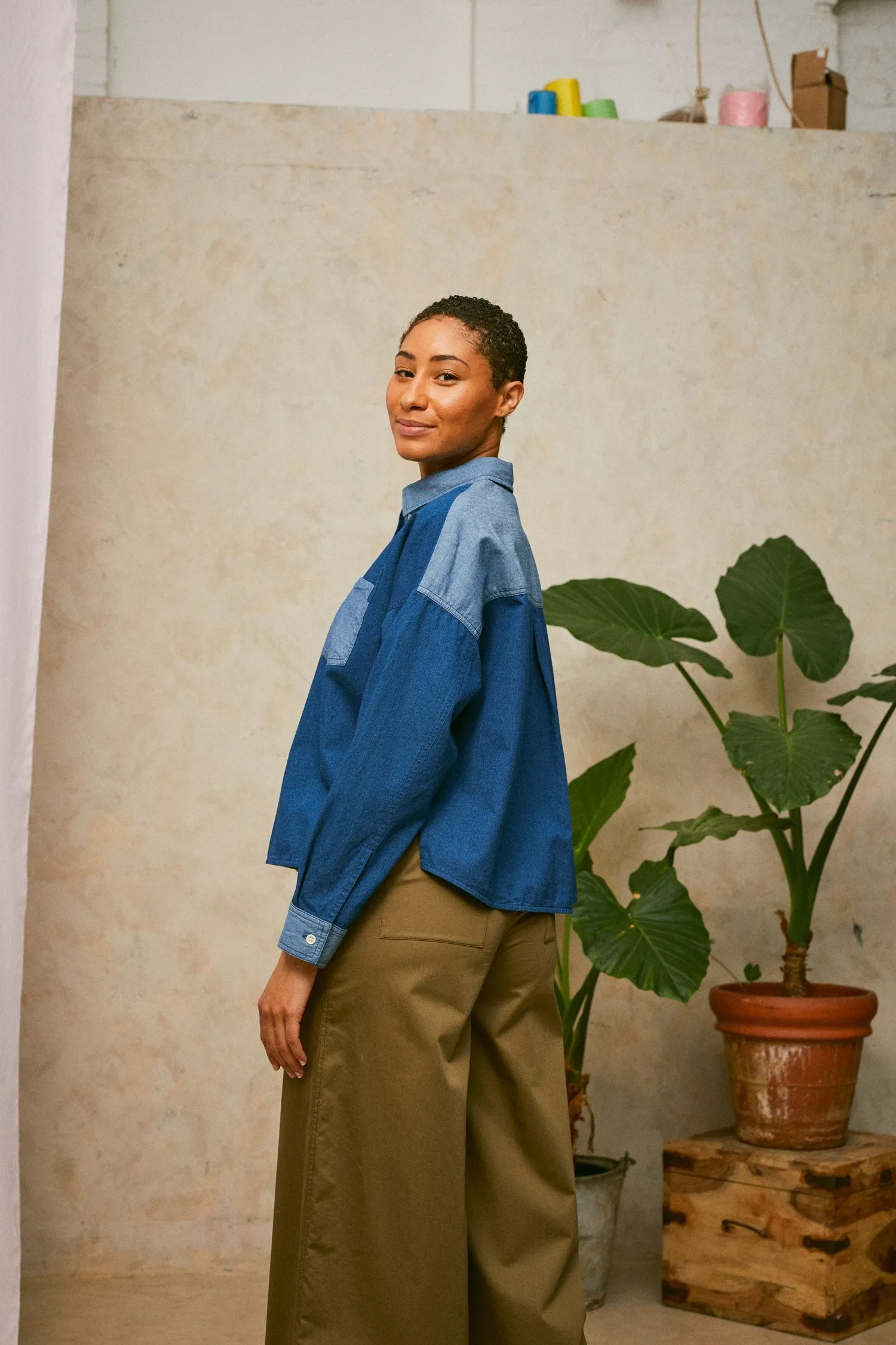 Lela Patchwork Boxy Shirt in Japanese Denim by Saywood