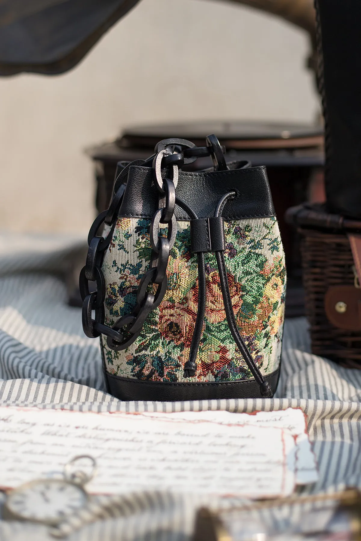 Lilac-Vintage Black Leather Bucket Bag