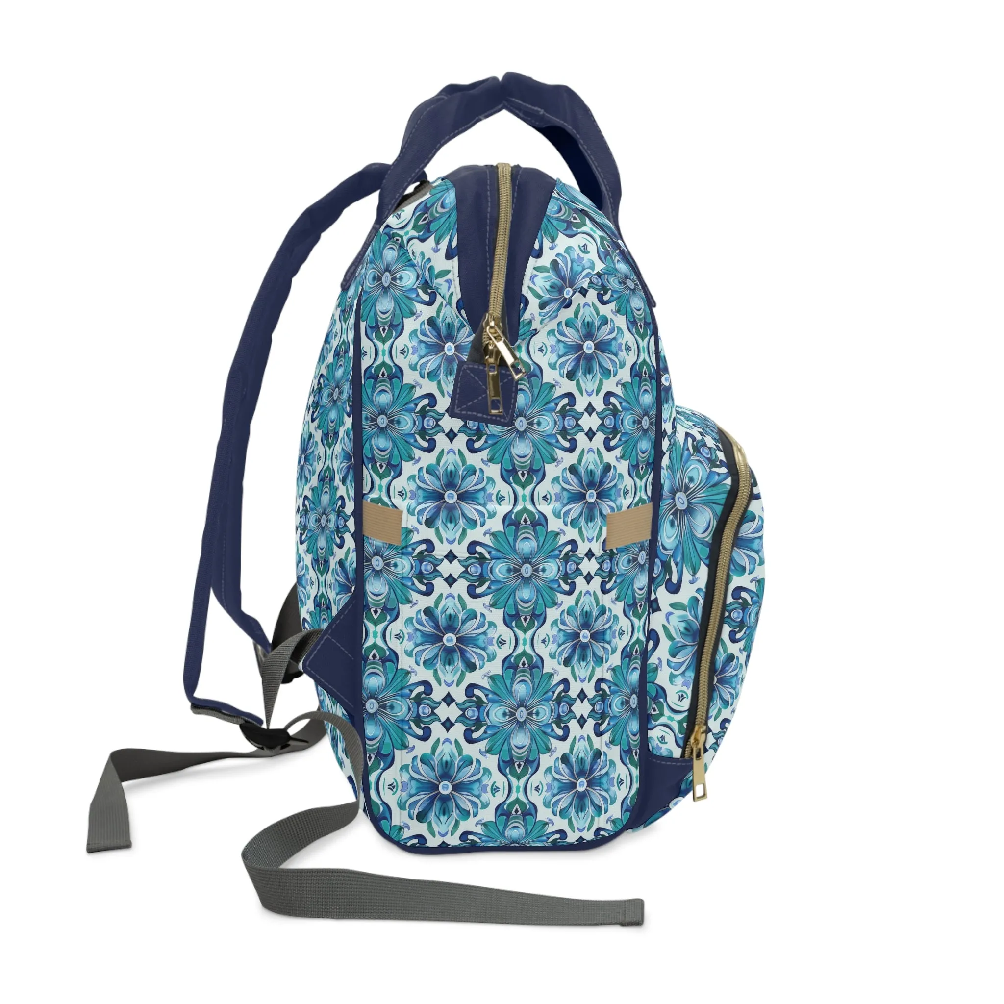 Majestic Florals in A Lush Array of Teal and Blue Blossoms Multifunctional Diaper Backpack