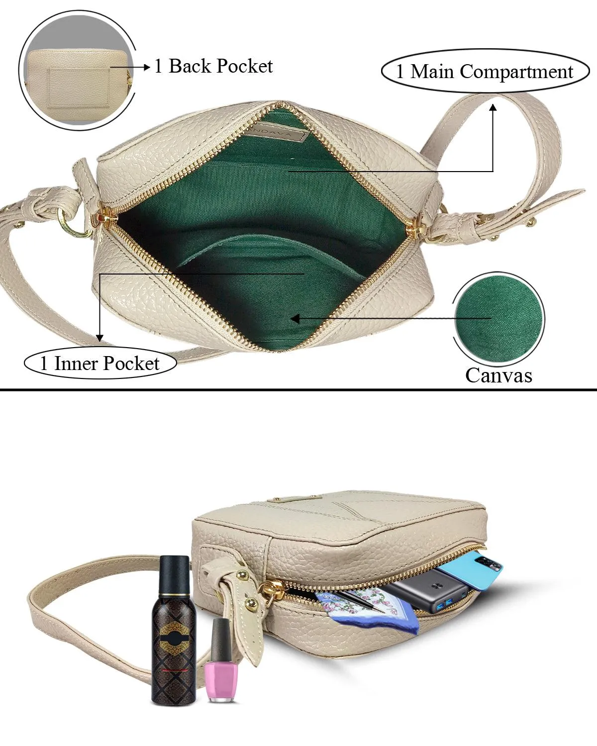 MANDAVA Women's PU Leather Crossbody Bag | Ladies Mini Shoulder Bag with Adjustable & Detachable Strap (Cream)
