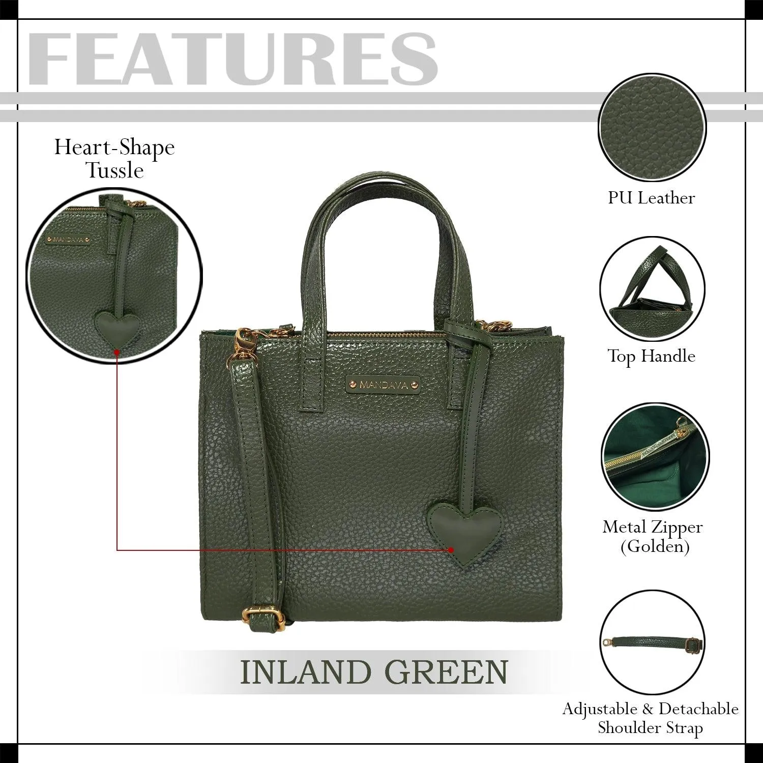 MANDAVA Women's/Ladies Top Handle PU Leather Handbag, Shoulder Bag with Tussle (Inland Green)