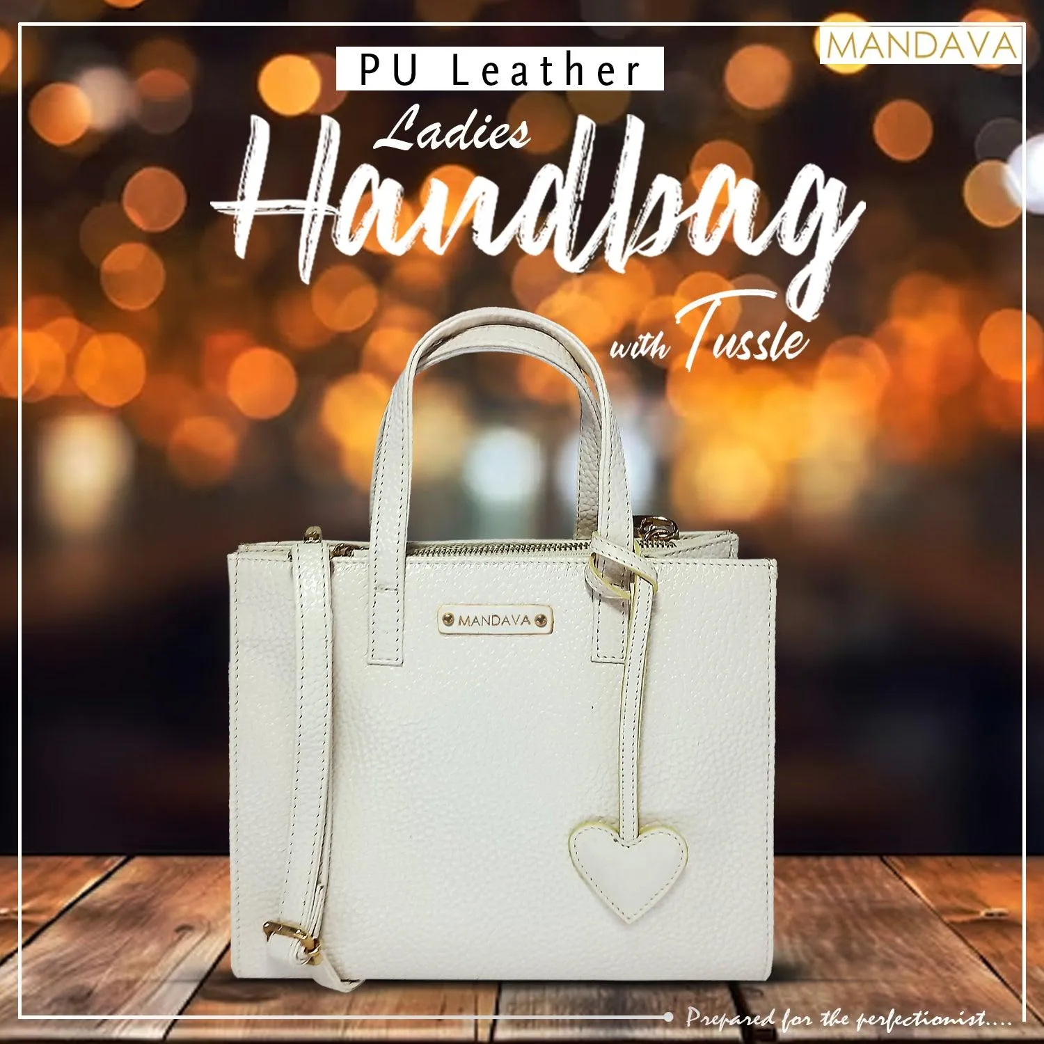 MANDAVA Women's/Ladies Top Handle PU Leather Handbag, Shoulder Bag with Tussle (White)