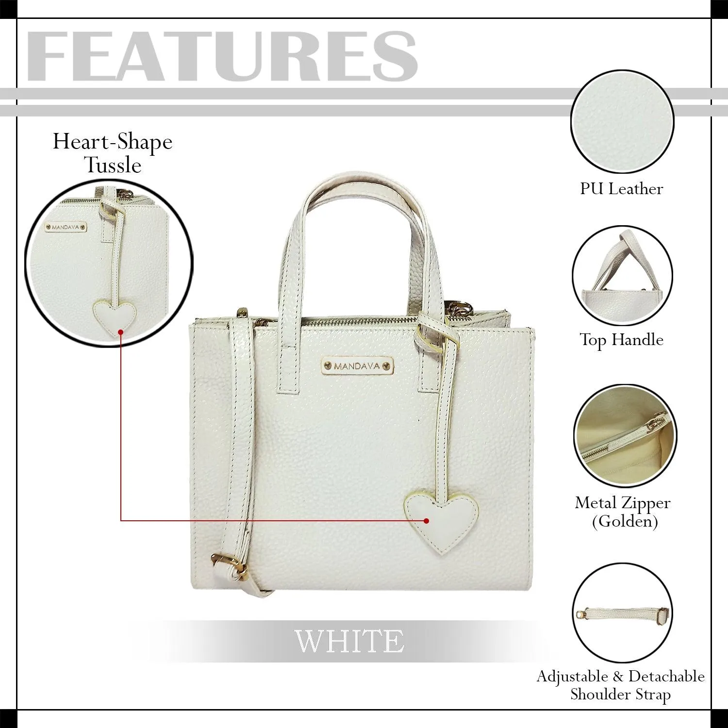 MANDAVA Women's/Ladies Top Handle PU Leather Handbag, Shoulder Bag with Tussle (White)