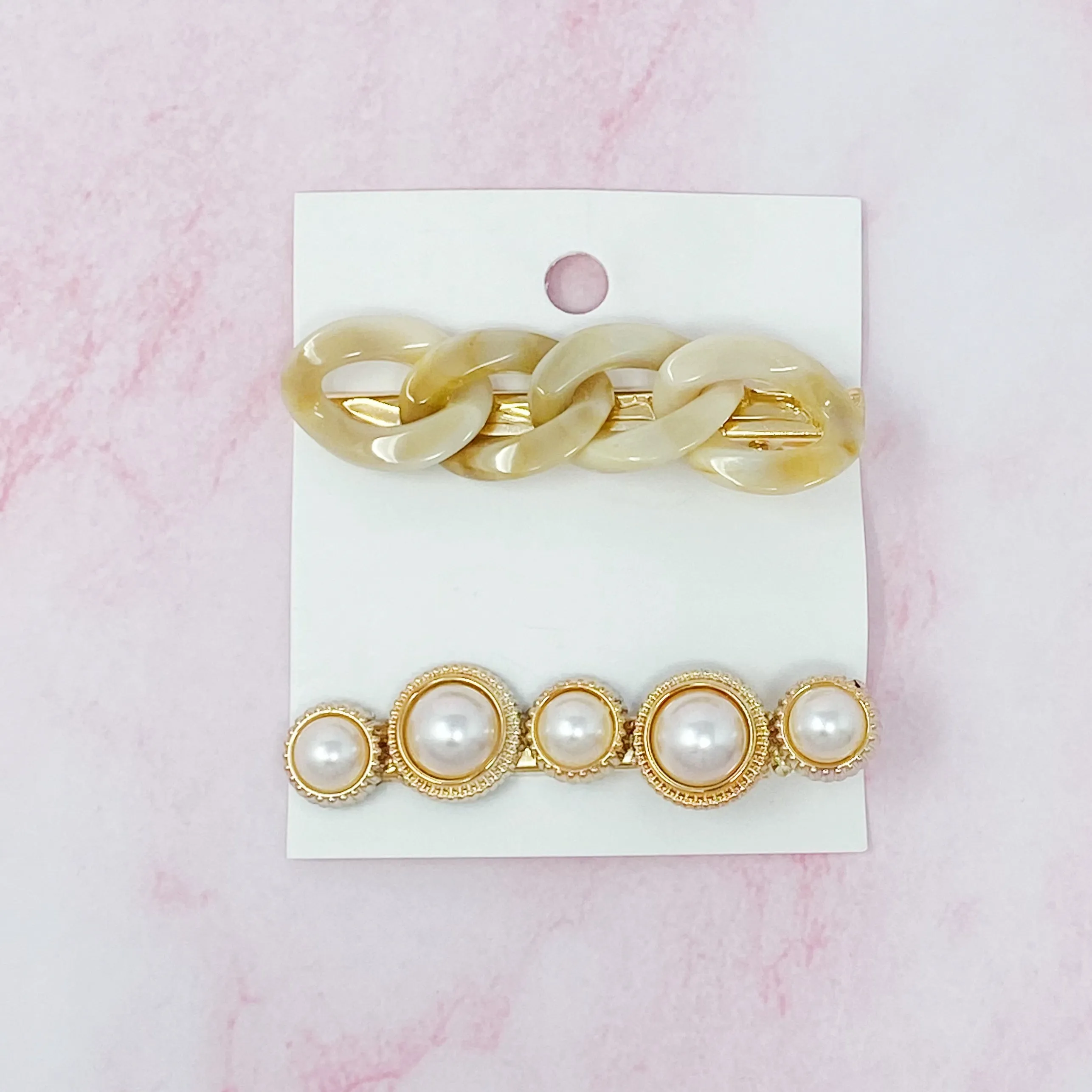 Marble Chain And Pearl Hair Clip Set