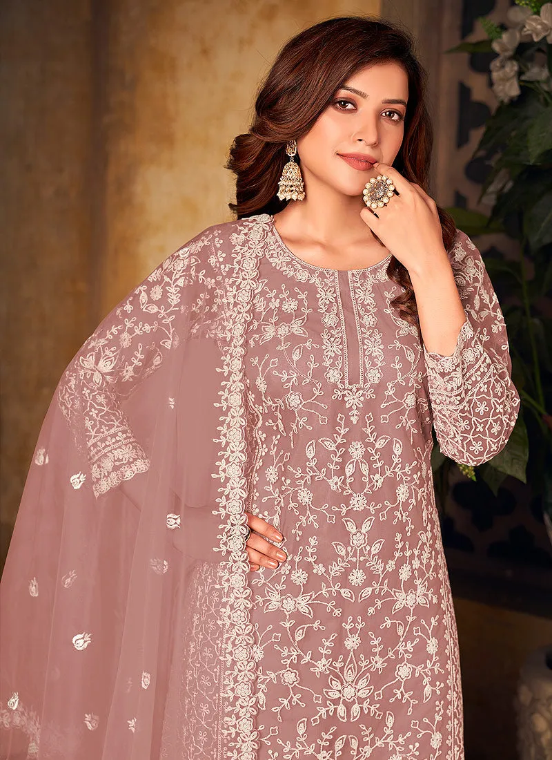 Mauve Embroidered Palazzo Suit