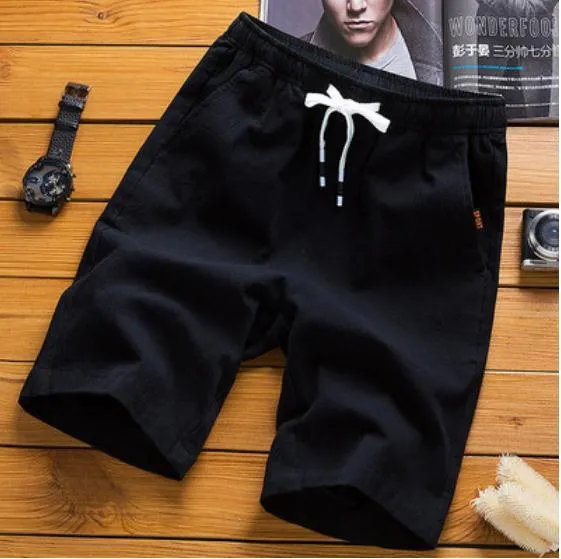 Men Casual Pants Cotton Blend Beach Korean Solid Colored Flaxen Slim Look Shorts