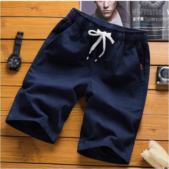 Men Casual Pants Cotton Blend Beach Korean Solid Colored Flaxen Slim Look Shorts