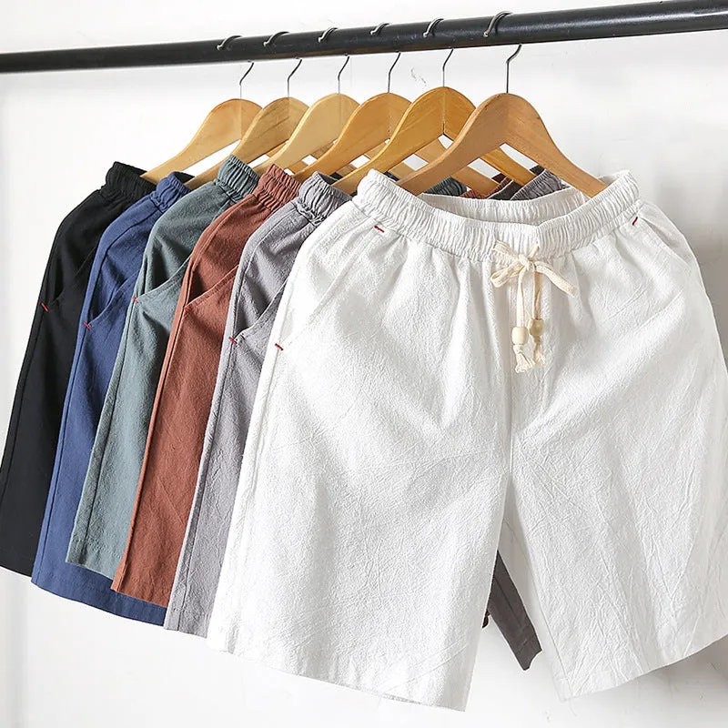 Men Casual Pants Cotton Blend Beach Korean Solid Colored Flaxen Slim Look Shorts