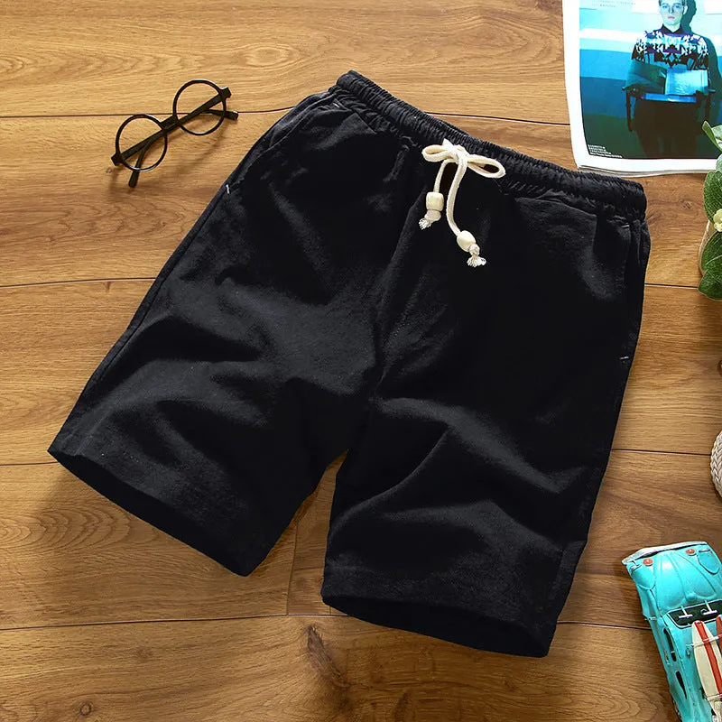 Men Casual Pants Cotton Blend Beach Korean Solid Colored Flaxen Slim Look Shorts