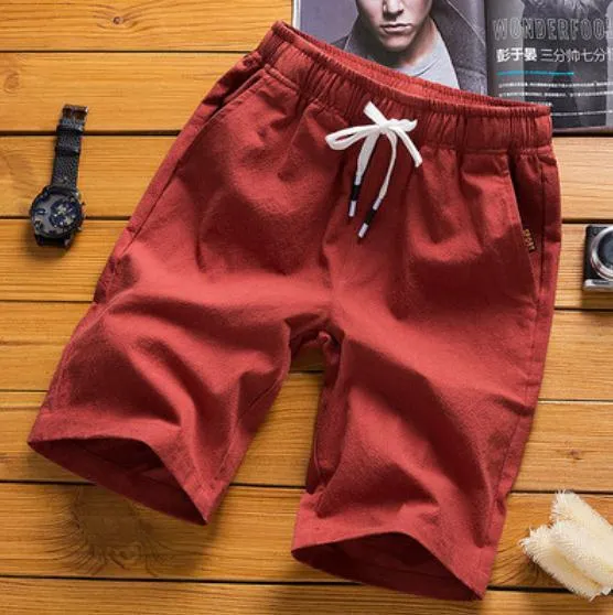 Men Casual Pants Cotton Blend Beach Korean Solid Colored Flaxen Slim Look Shorts