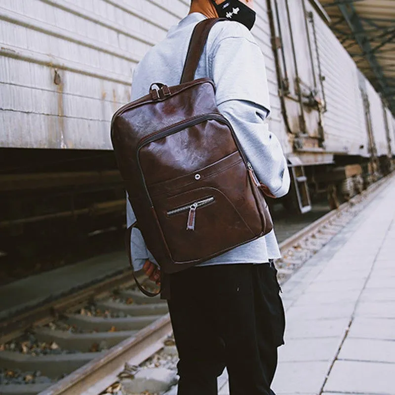 Men Faux Leather Large Capacity Retro Computer Backpack Travel Bag Hot