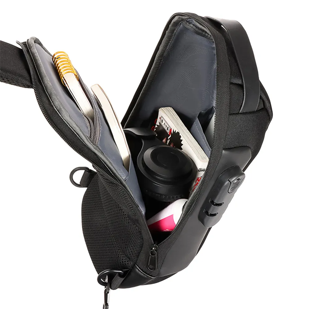 Men's Anti-theft Combination Lock Crossbody Bag with USB Port Black