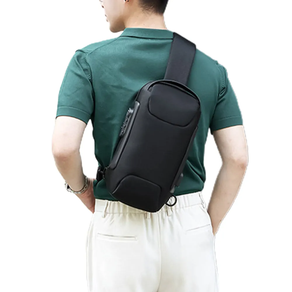 Men's Anti-theft Combination Lock Crossbody Bag with USB Port Black