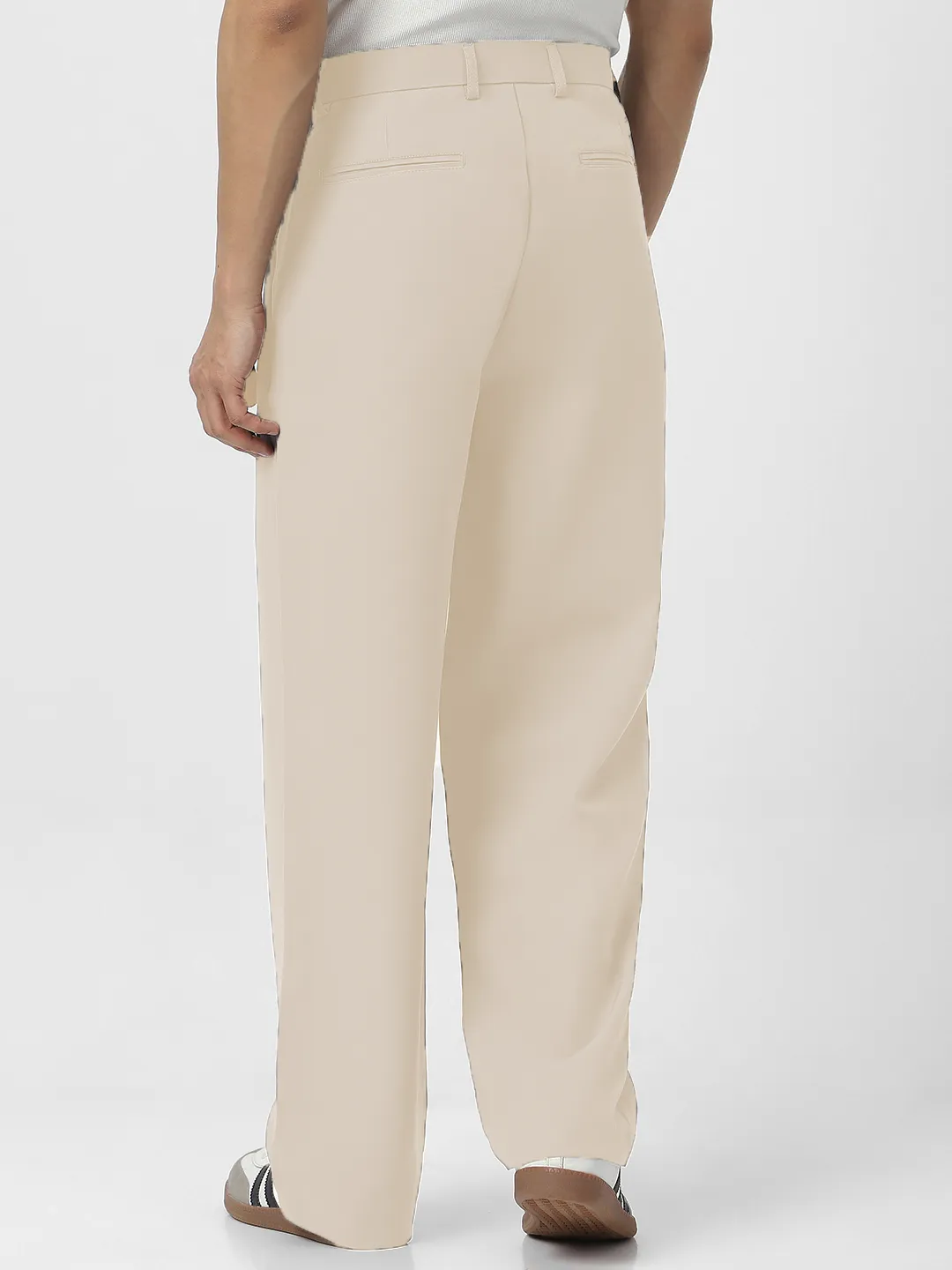Men's Cream Loose Baggy Fit Solid Korean Trousers Stretchable