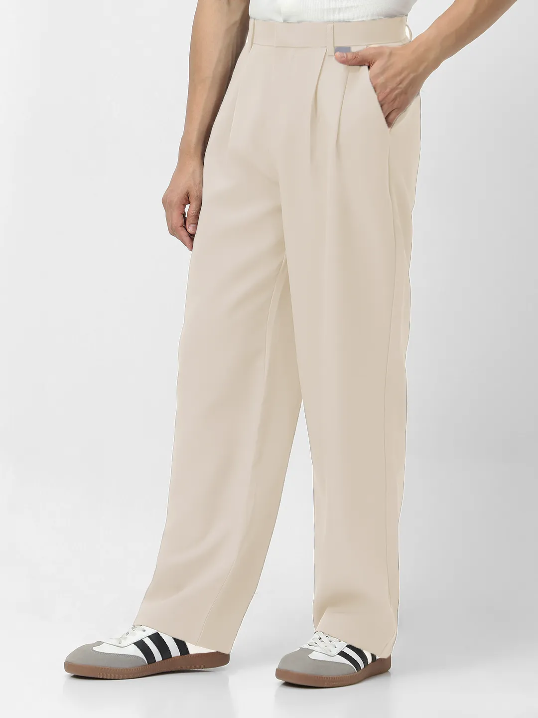 Men's Cream Loose Baggy Fit Solid Korean Trousers Stretchable