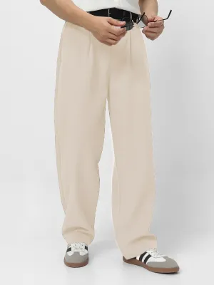 Men's Cream Loose Baggy Fit Solid Korean Trousers Stretchable