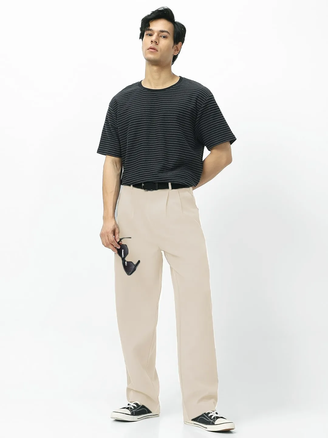 Men's Cream Loose Baggy Fit Solid Korean Trousers Stretchable