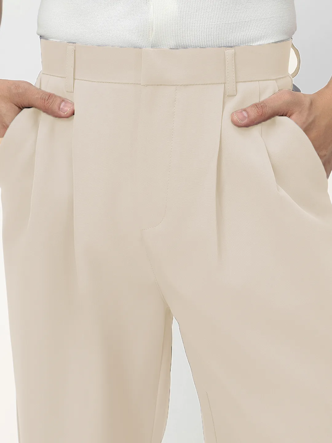 Men's Cream Loose Baggy Fit Solid Korean Trousers Stretchable
